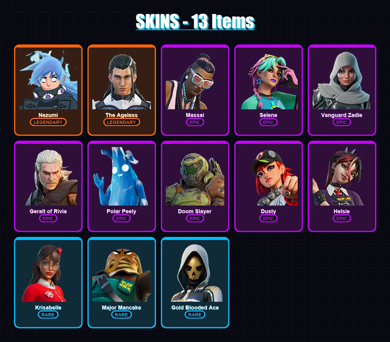 [PC/XBOX/PSN] | Nezumi | The Ageless | Massai | Selene | Vanguard Zadie | 13 skin | 38 pickaxe | 21 emote | 33 glider | Lv489