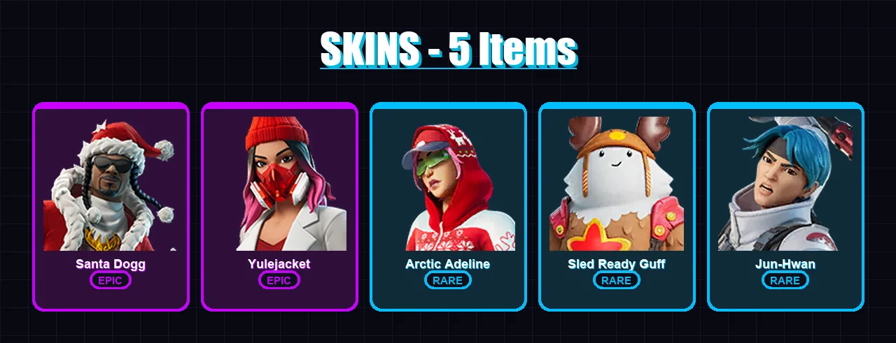 [PS4/PS5/XBOX/PC] | Santa Dogg | Yulejacket | Arctic Adeline | Sled Ready Guff | Jun-Hwan | 5 skin | 11 pickaxe | 4 emote | 7 glider | Lv57