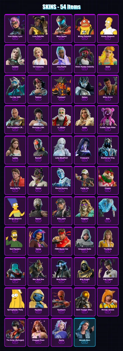 [PC/PSN] | Void Walker Lynx | Luxe Patroller | Maxx Speed | Blinky Fishstick | Homer Simpson | 54 skin | 103 pickaxe | 55 emote | 58 glider | Lv946