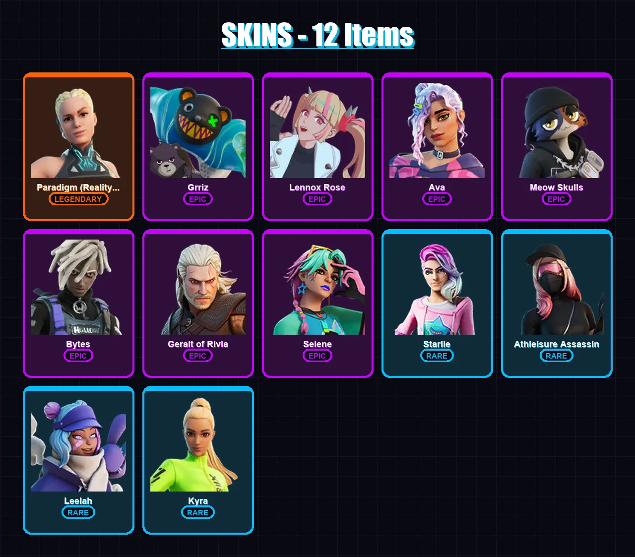 [PC/XBOX/PSN] | Paradigm (Reality-659) | Grriz | Lennox Rose | Ava | Meow Skulls | 12 skin | 11 pickaxe | 16 emote | 11 glider | Lv85