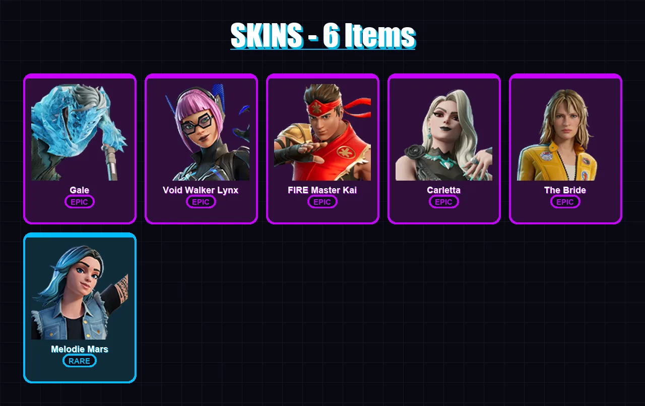 [PC/PSN] | Gale | Void Walker Lynx | FIRE Master Kai | Carletta | The Bride | 6 skin | 3 pickaxe | 2 emote | 1 glider | Lv2