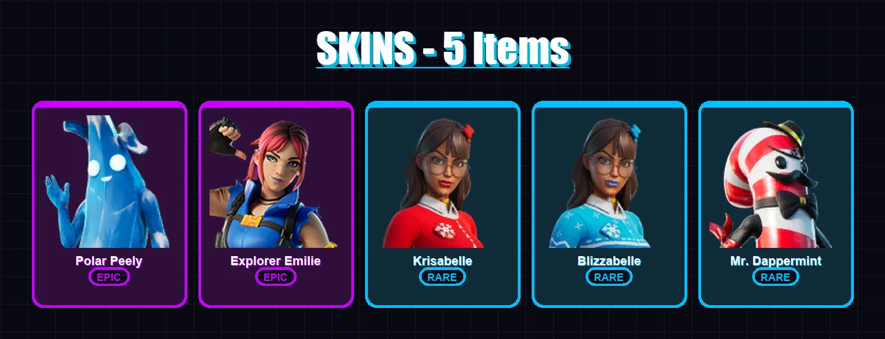 [PC/XBOX/PSN] | Polar Peely | Explorer Emilie | Krisabelle | Blizzabelle | Mr. Dappermint | 5 skin | 8 pickaxe | 7 emote | 8 glider | Lv106