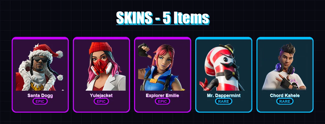 [PC/XBOX/PSN] | Santa Dogg | Yulejacket | Explorer Emilie | Mr. Dappermint | Chord Kahele | 5 skin | 6 pickaxe | 2 emote | 5 glider | Lv24