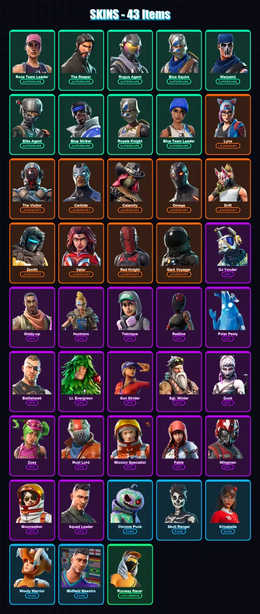 [PS4/PS5/XBOX/PC] | Rose Team Leader | The Reaper | Rogue Agent | Blue Squire | Warpaint | 43 skin | 49 pickaxe | 50 emote | 70 glider | Lv1054 — Fortnite account