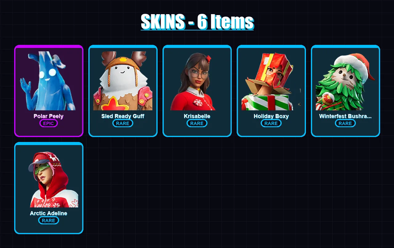 [PS4/PS5/XBOX/PC] | Polar Peely | Sled Ready Guff | Krisabelle | Holiday Boxy | Winterfest Bushranger | 6 skin | 5 pickaxe | 3 emote | 9 glider | Lv