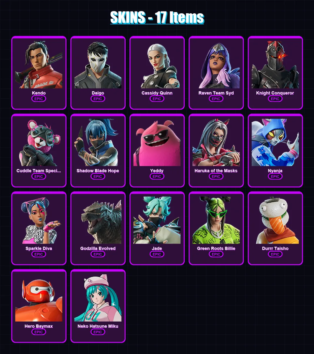 [PC/XBOX/PSN] | Kendo | Daigo | Cassidy Quinn | Raven Team Syd | Knight Conqueror | 17 skin | 28 pickaxe | 25 emote | 24 glider | Lv249