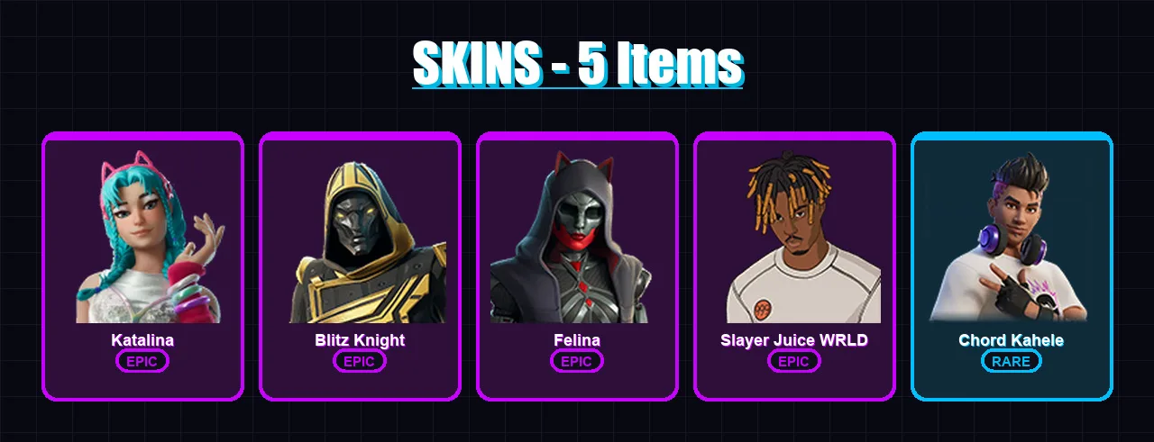 [PC/XBOX/PSN] | Katalina | Blitz Knight | Felina | Slayer Juice WRLD | Chord Kahele | 5 skin | 26 pickaxe | 9 emote | 16 glider | Lv269