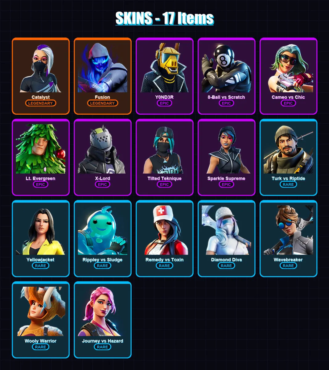 [PC/XBOX/PSN] | Catalyst | Fusion | Y0ND3R | 8-Ball vs Scratch | Cameo vs Chic | 17 skin | 25 pickaxe | 23 emote | 19 glider | Lv318
