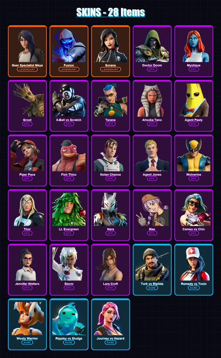 [PC/XBOX/PSN] | Gear Specialist Maya | Fusion | Sorana | Doctor Doom | Mystique | 28 skin | 29 pickaxe | 24 emote | 24 glider | Lv375