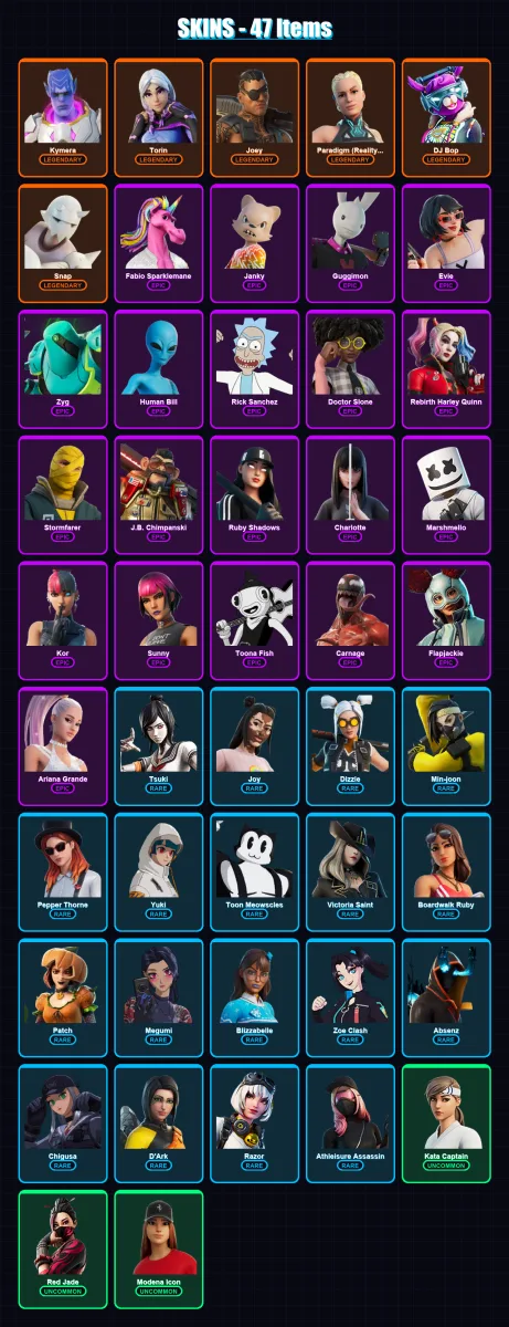 [PC/XBOX] | Kymera | Torin | Joey | Paradigm (Reality-659) | DJ Bop | 47 skin | 43 pickaxe | 34 emote | 36 glider | Lv450