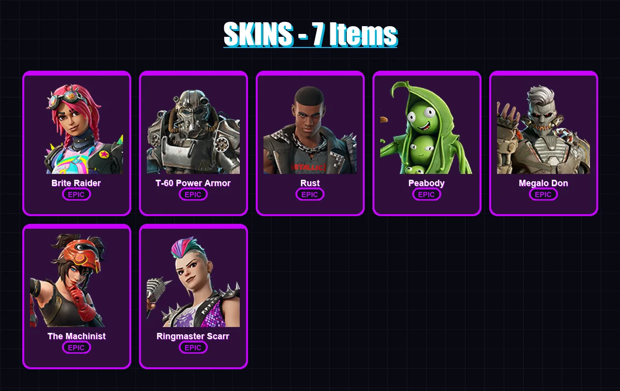 [PC/XBOX/PSN] | Brite Raider | T-60 Power Armor | Rust | Peabody | Megalo Don | 7 skin | 17 pickaxe | 12 emote | 14 glider | Lv306