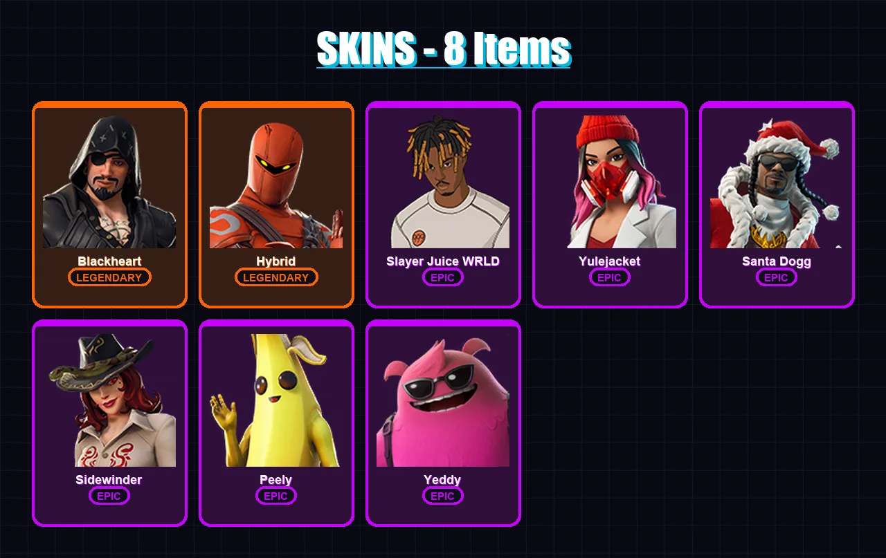 [PC/XBOX/PSN] | Blackheart | Hybrid | Slayer Juice WRLD | Yulejacket | Santa Dogg | 8 skin | 31 pickaxe | 21 emote | 26 glider | Lv448