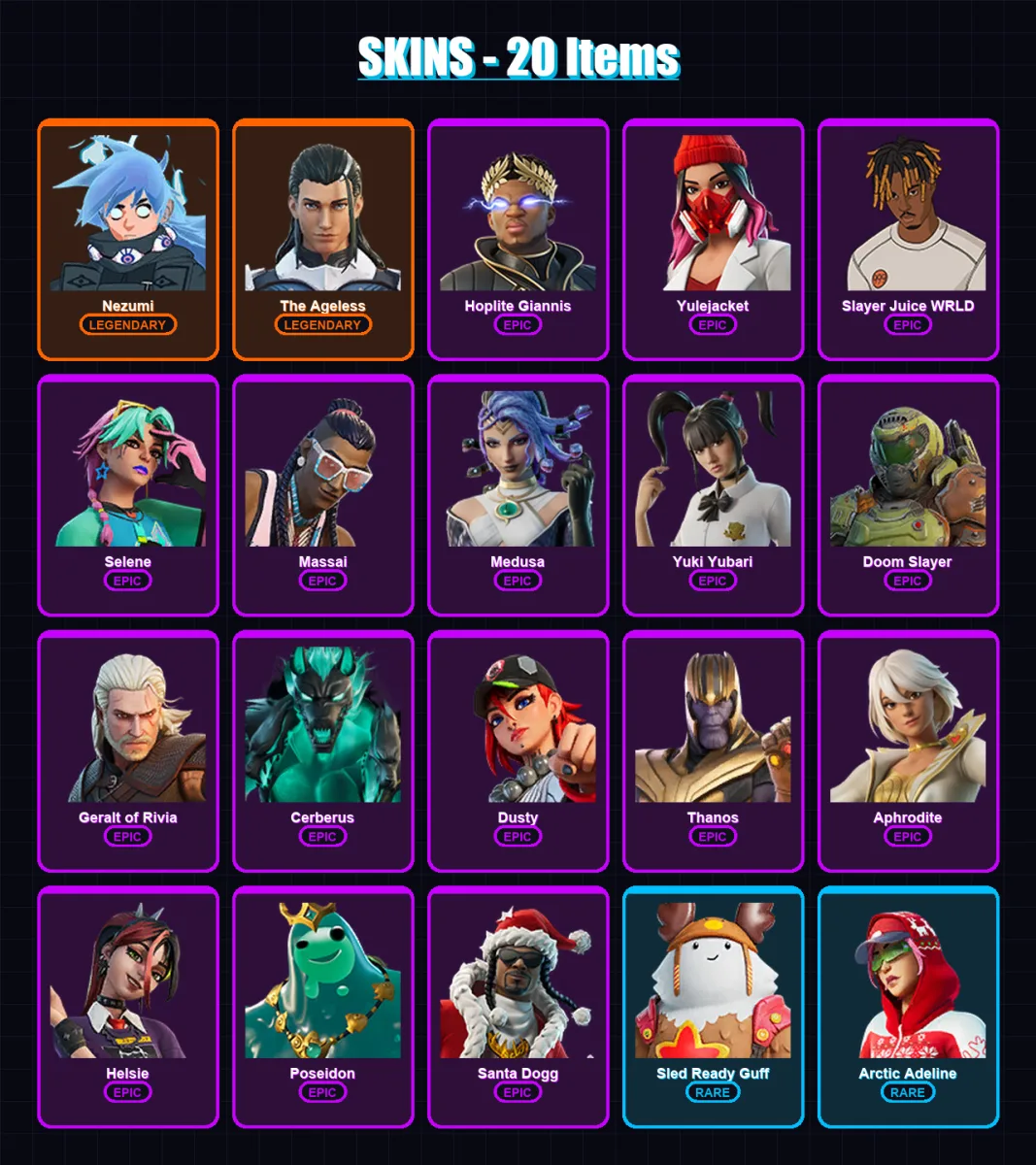 [SWITCH/XBOX/PSN/PC] | Nezumi | The Ageless | Hoplite Giannis | Yulejacket | Slayer Juice WRLD | 20 skin | 54 pickaxe | 26 emote | 40 glider | Lv524 — Fortnite account