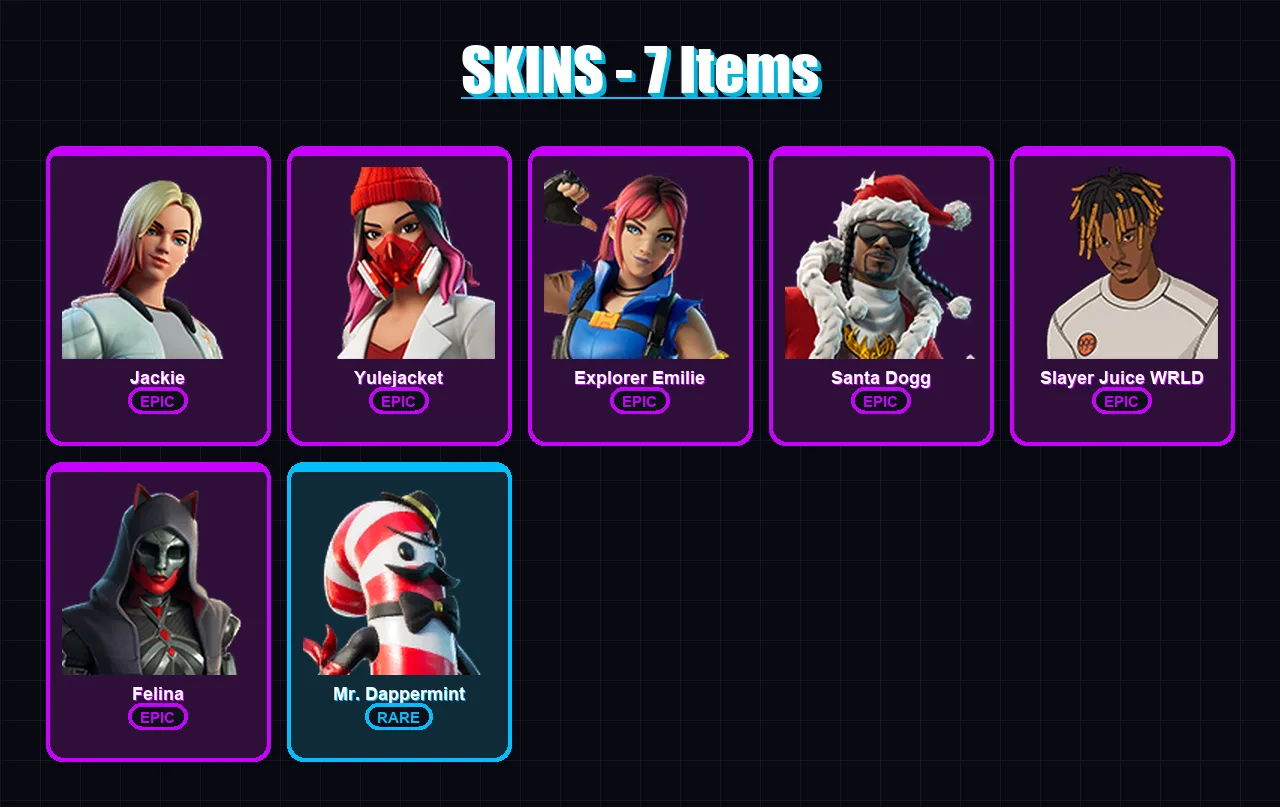 [PC/XBOX/PSN] | Jackie | Yulejacket | Explorer Emilie | Santa Dogg | Slayer Juice WRLD | 7 skin | 35 pickaxe | 17 emote | 23 glider | Lv401
