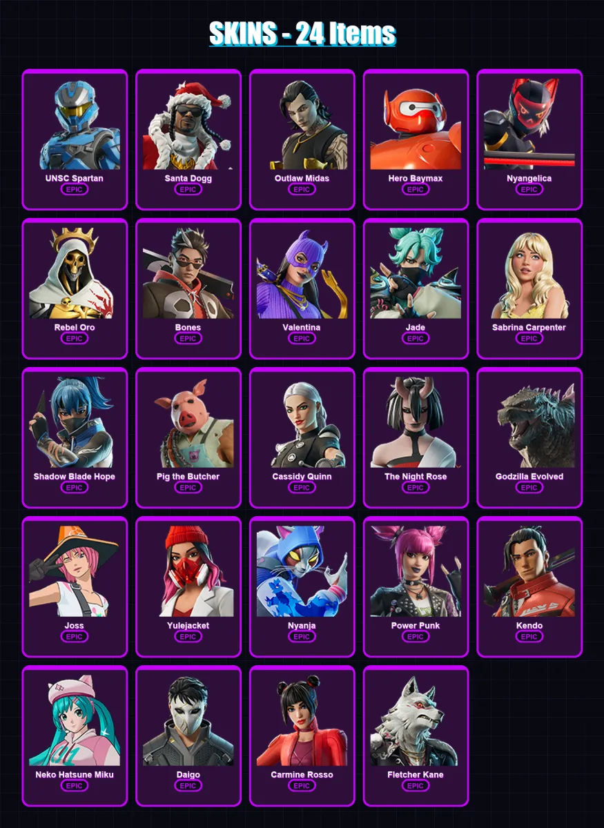 [PC/XBOX] | UNSC Spartan | Santa Dogg | Outlaw Midas | Hero Baymax | Nyangelica | 24 skin | 40 pickaxe | 32 emote | 26 glider | Lv301