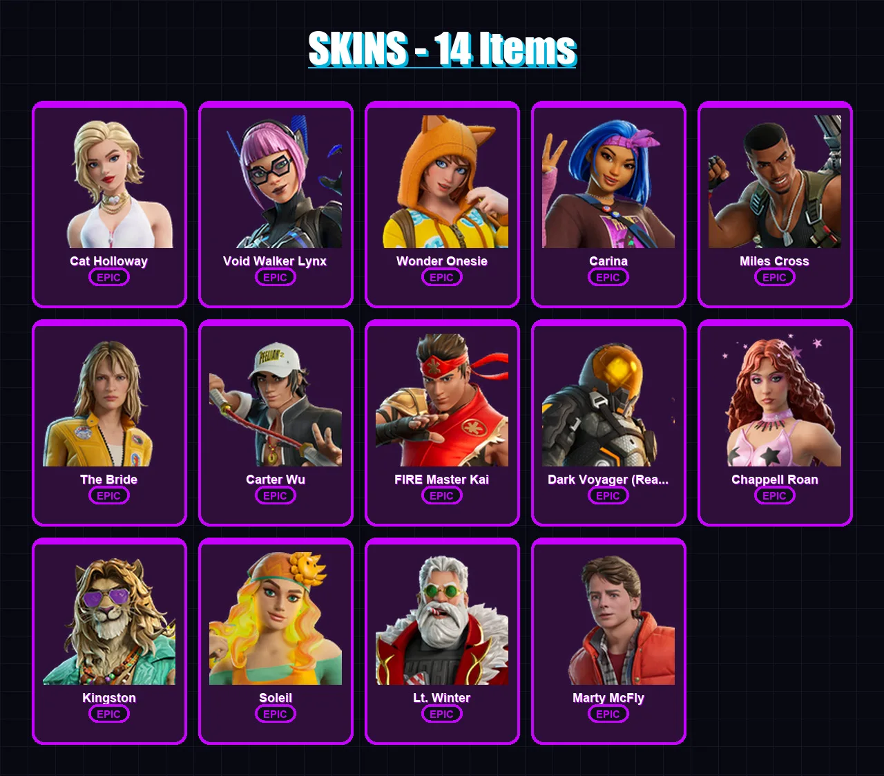 [PC/PSN] | Cat Holloway | Void Walker Lynx | Wonder Onesie | Carina | Miles Cross | 14 skin | 21 pickaxe | 16 emote | 11 glider | Lv118