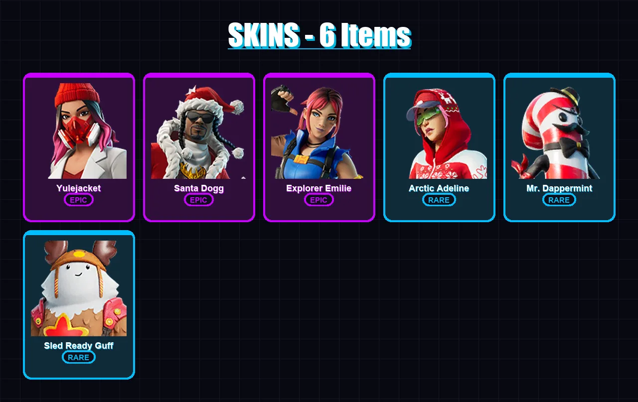 [SWITCH/XBOX/PSN/PC] | Yulejacket | Santa Dogg | Explorer Emilie | Arctic Adeline | Mr. Dappermint | 6 skin | 13 pickaxe | 7 emote | 14 glider | Lv1