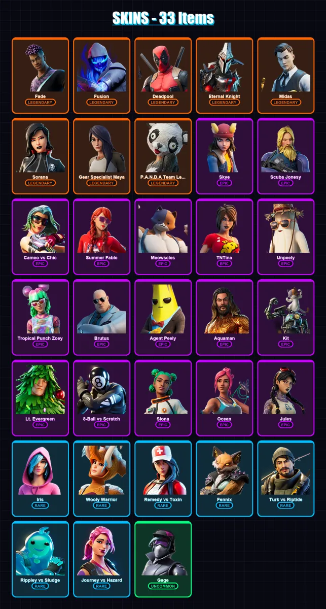 [PC/XBOX/PSN] | Fade | Fusion | Deadpool | Eternal Knight | Midas | 33 skin | 34 pickaxe | 49 emote | 35 glider | Lv834
