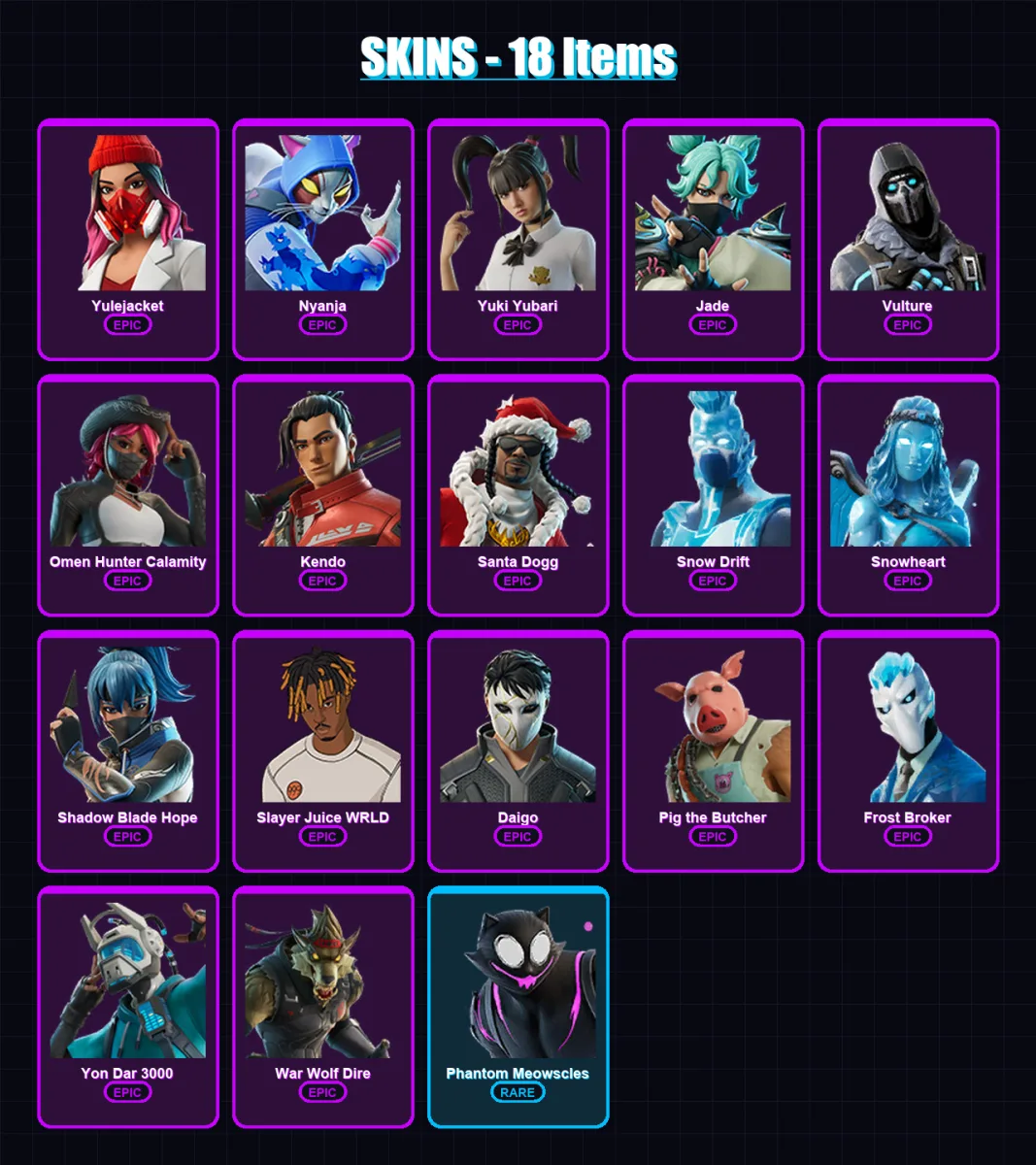 [PC/XBOX/PSN] | Yulejacket | Nyanja | Yuki Yubari | Jade | Vulture | 18 skin | 33 pickaxe | 20 emote | 19 glider | Lv169