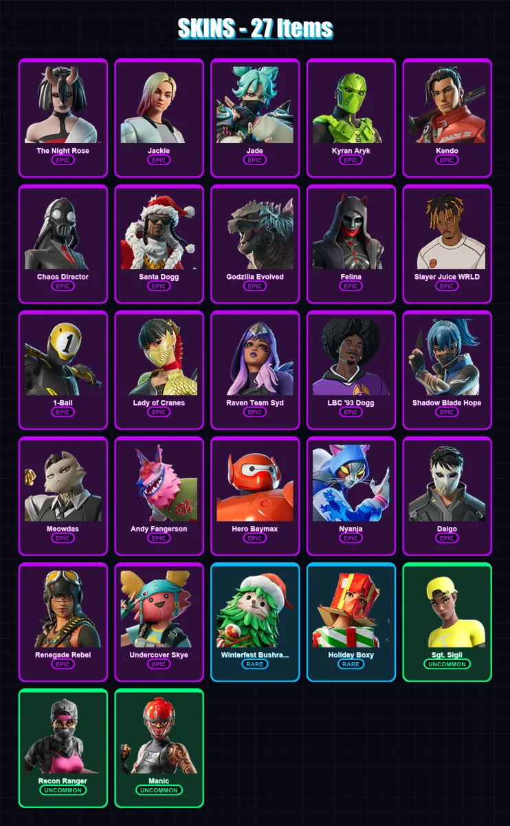 [PC/PSN] | The Night Rose | Jackie | Jade | Kyran Aryk | Kendo | 27 skin | 56 pickaxe | 29 emote | 29 glider | Lv398