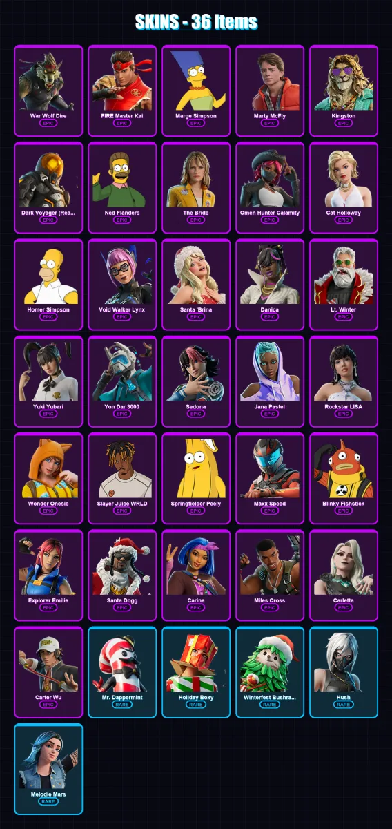 [PC/XBOX] | War Wolf Dire | FIRE Master Kai | Marge Simpson | Marty McFly | Kingston | 36 skin | 48 pickaxe | 31 emote | 30 glider | Lv317