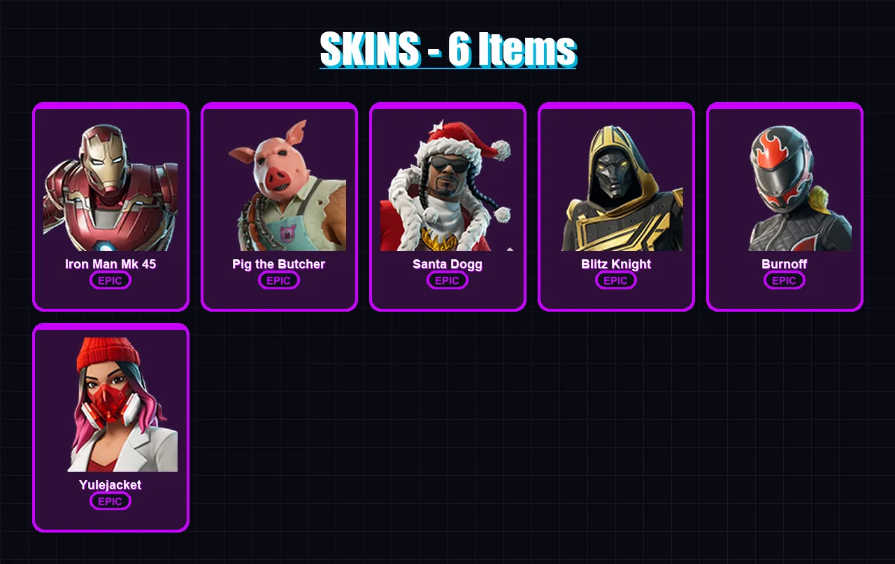 [SWITCH/PC] | Iron Man Mk 45 | Pig the Butcher | Santa Dogg | Blitz Knight | Burnoff | 6 skin | 51 pickaxe | 24 emote | 29 glider | Lv325