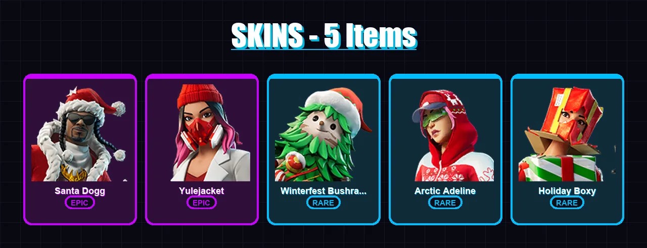 [PC/PSN] | Santa Dogg | Yulejacket | Winterfest Bushranger | Arctic Adeline | Holiday Boxy | 5 skin | 23 pickaxe | 7 emote | 20 glider | Lv218