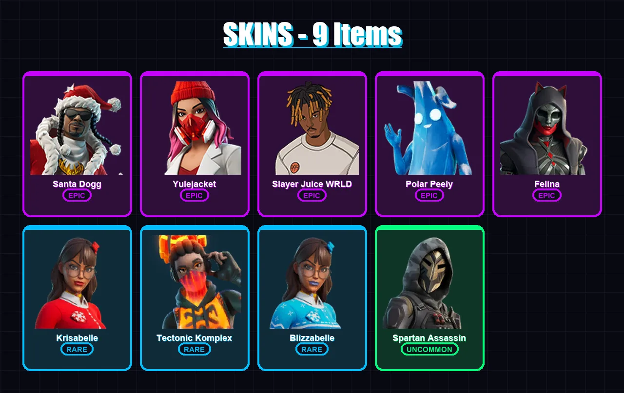 [PC/XBOX/PSN] | Santa Dogg | Yulejacket | Slayer Juice WRLD | Polar Peely | Felina | 9 skin | 32 pickaxe | 26 emote | 25 glider | Lv589