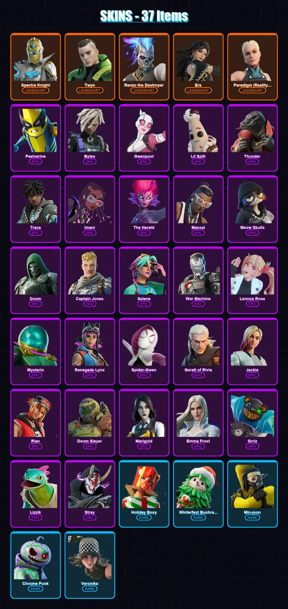 [PC/XBOX] | Spectra Knight | Twyn | Renzo the Destroyer | Era | Paradigm (Reality-659) | 37 skin | 49 pickaxe | 35 emote | 52 glider | Lv590 — Fortnite account