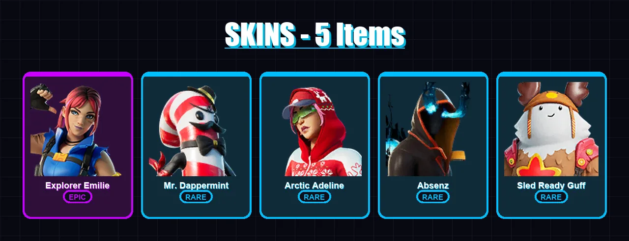 [PC/XBOX/PSN] | Explorer Emilie | Mr. Dappermint | Arctic Adeline | Absenz | Sled Ready Guff | 5 skin | 5 pickaxe | 3 emote | 6 glider | Lv40