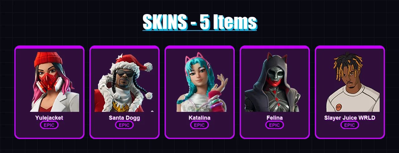 [PC/XBOX/PSN] | Yulejacket | Santa Dogg | Katalina | Felina | Slayer Juice WRLD | 5 skin | 24 pickaxe | 12 emote | 16 glider | Lv386