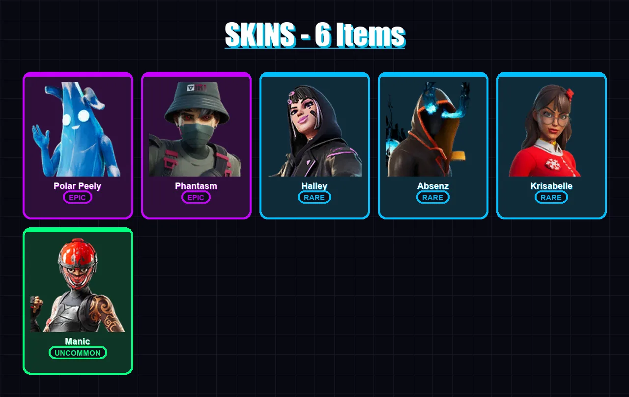[PC] | Polar Peely | Phantasm | Halley | Absenz | Krisabelle | 6 skin | 16 pickaxe | 16 emote | 11 glider | Lv234