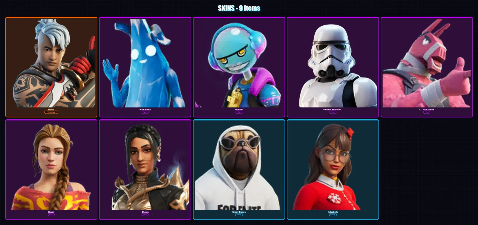 [PC/XBOX/PSN] | Ronin | Polar Peely | Gumbo | Imperial Stormtrooper | Lt. John Llama | 9 skin | 25 pickaxe | 27 emote | 21 glider | Lv349