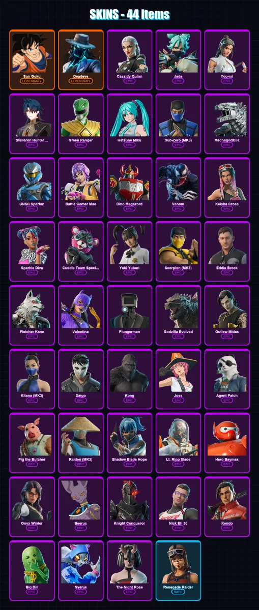 [PC/XBOX/PSN] | Son Goku | Deadeye | Cassidy Quinn | Jade | Yoo-mi | 44 skin | 86 pickaxe | 56 emote | 49 glider | Lv669
