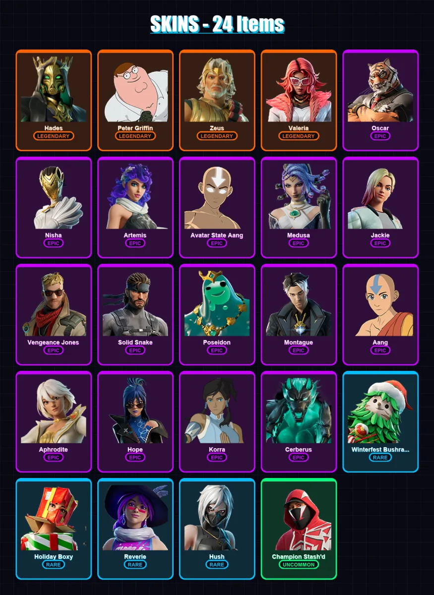 [PC/PSN] | Hades | Peter Griffin | Zeus | Valeria | Oscar | 24 skin | 44 pickaxe | 35 emote | 35 glider | Lv821 — Fortnite account