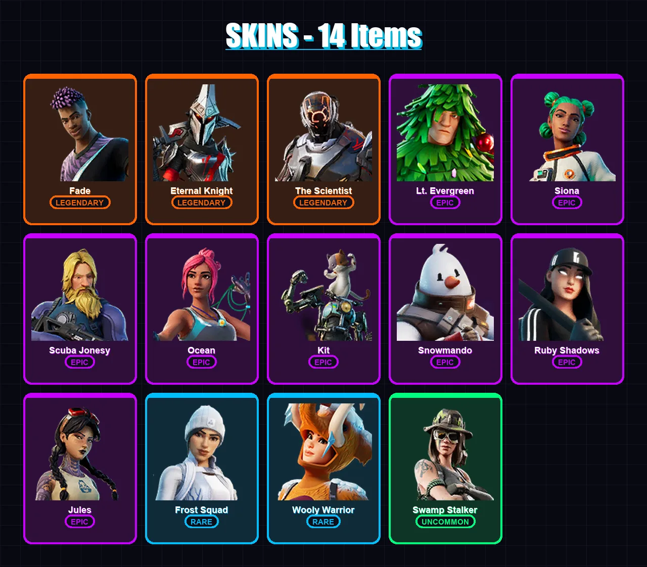 [PC/XBOX/PSN] | Fade | Eternal Knight | The Scientist | Lt. Evergreen | Siona | 14 skin | 39 pickaxe | 66 emote | 53 glider | Lv1165