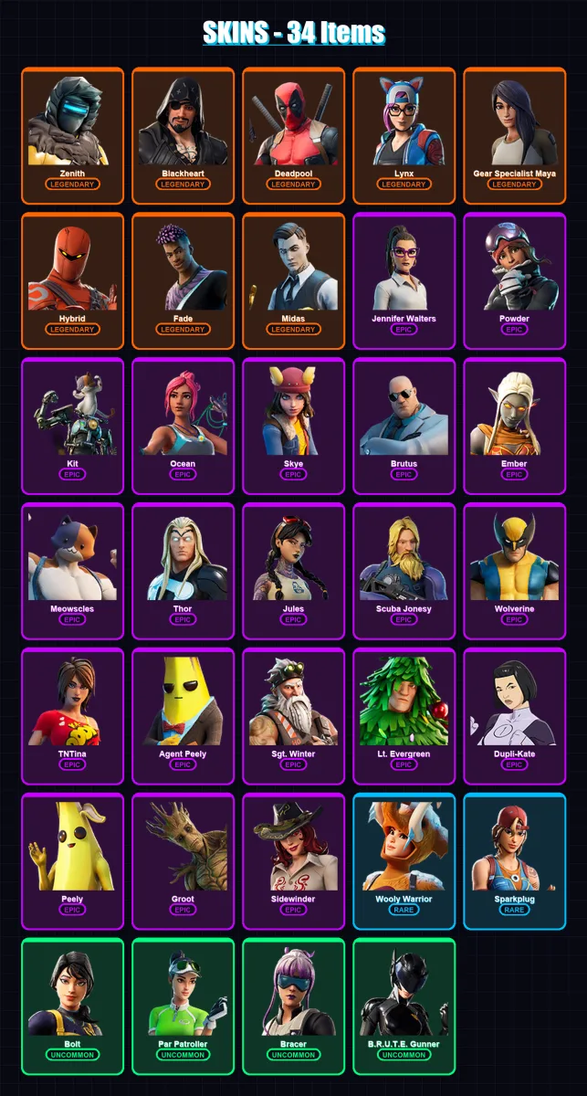 [PC/PSN] | Zenith | Blackheart | Deadpool | Lynx | Gear Specialist Maya | 34 skin | 52 pickaxe | 48 emote | 53 glider | Lv832