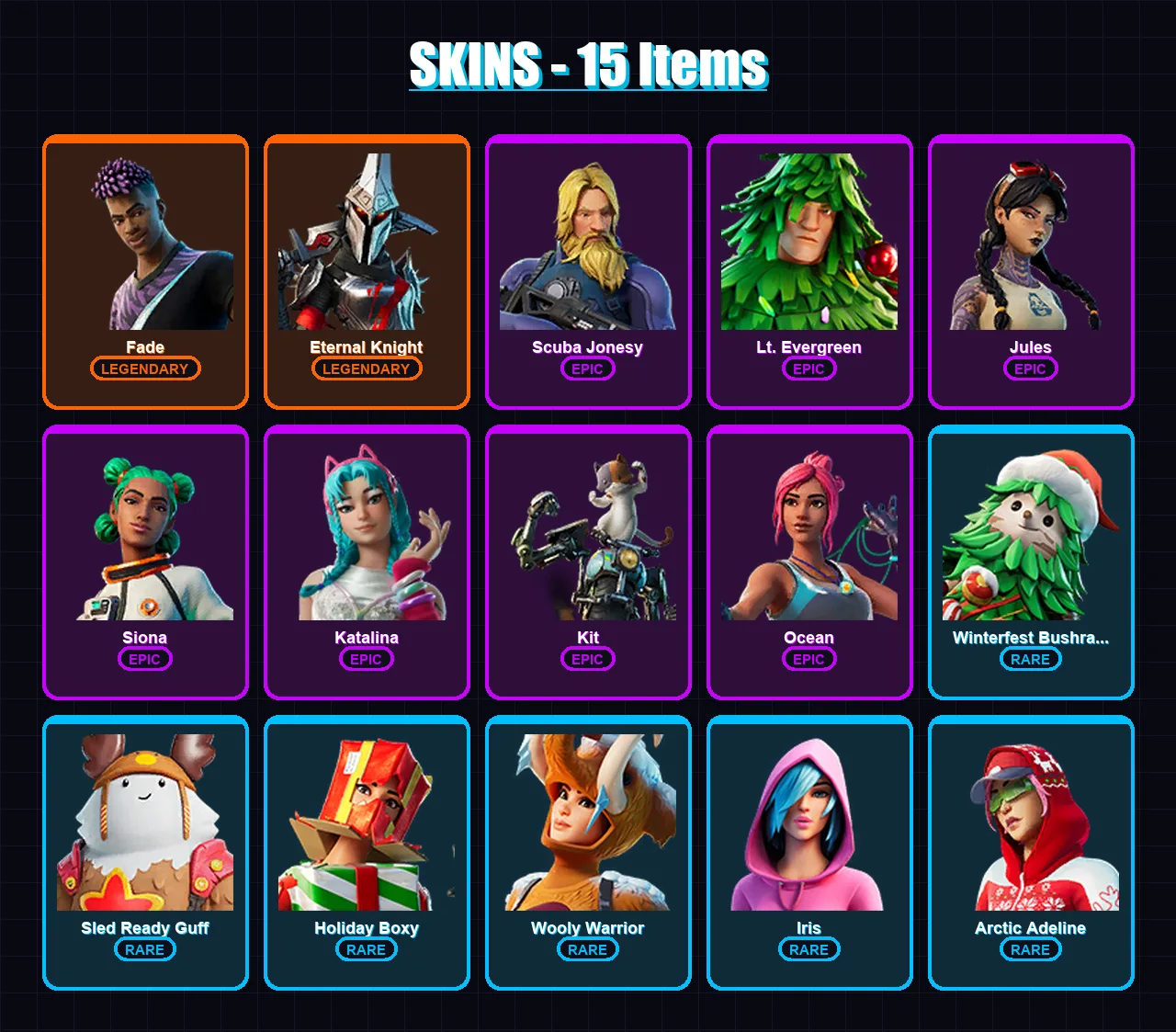 [PC/XBOX/PSN] | Fade | Eternal Knight | Scuba Jonesy | Lt. Evergreen | Jules | 15 skin | 40 pickaxe | 31 emote | 45 glider | Lv749