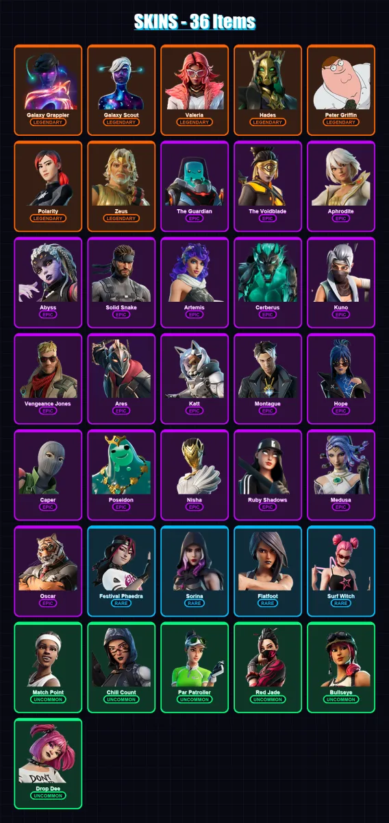 [PS4/PS5/XBOX/PC] | Galaxy Grappler | Galaxy Scout | Valeria | Hades | Peter Griffin | 36 skin | 34 pickaxe | 22 emote | 20 glider | Lv419