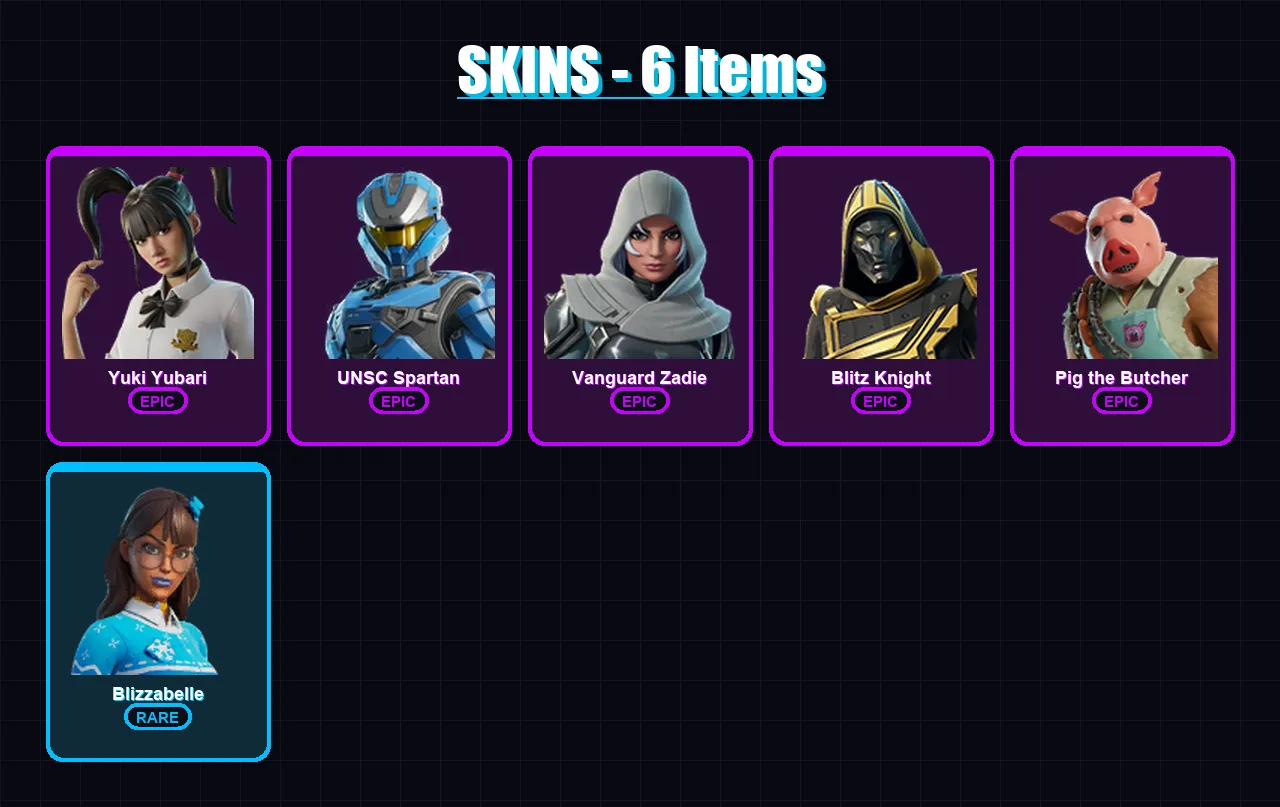 [PS4/PS5/XBOX/PC] | Yuki Yubari | UNSC Spartan | Vanguard Zadie | Blitz Knight | Pig the Butcher | 6 skin | 51 pickaxe | 22 emote | 33 glider | Lv61