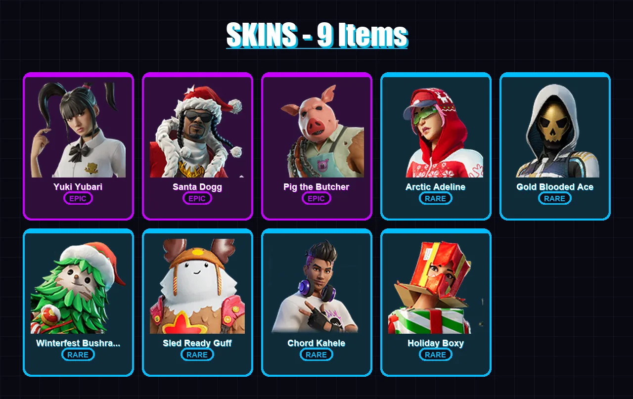 [PC/XBOX/PSN] | Yuki Yubari | Santa Dogg | Pig the Butcher | Arctic Adeline | Gold Blooded Ace | 9 skin | 29 pickaxe | 14 emote | 29 glider | Lv348