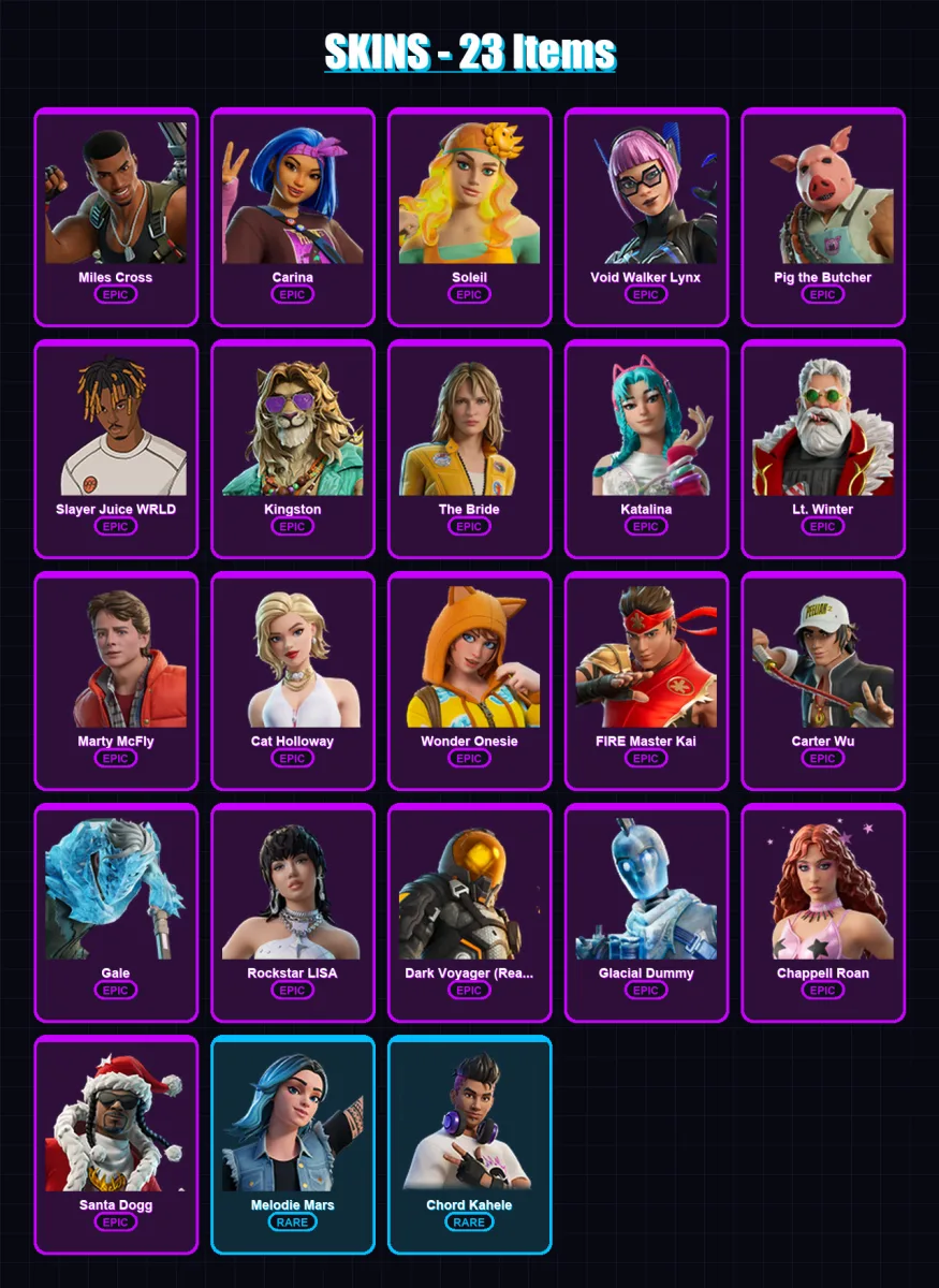 [PC/XBOX/PSN] | Miles Cross | Carina | Soleil | Void Walker Lynx | Pig the Butcher | 23 skin | 47 pickaxe | 24 emote | 25 glider | Lv325