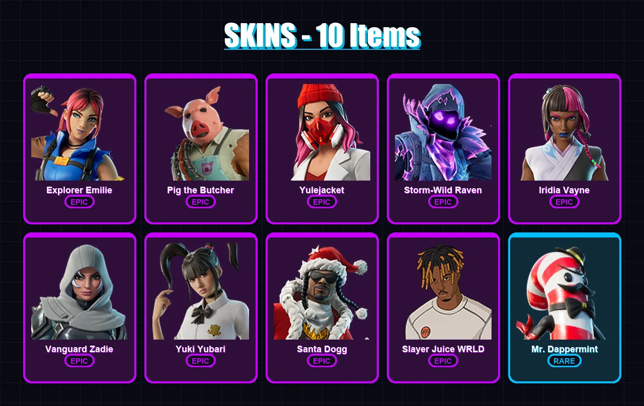 [PC/XBOX/PSN] | Explorer Emilie | Pig the Butcher | Yulejacket | Storm-Wild Raven | Iridia Vayne | 10 skin | 55 pickaxe | 22 emote | 36 glider | Lv6