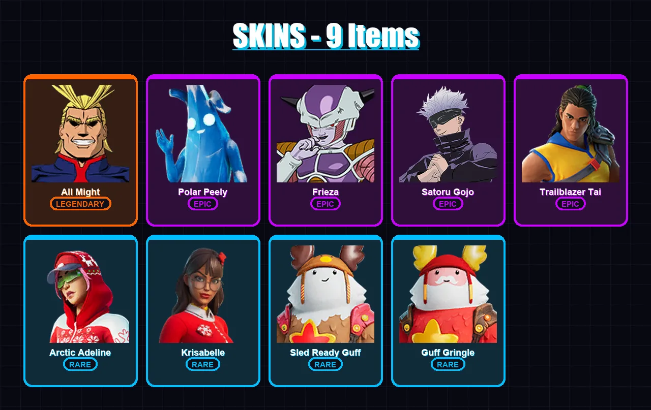 [PC/XBOX] | All Might | Polar Peely | Frieza | Satoru Gojo | Trailblazer Tai | 9 skin | 27 pickaxe | 23 emote | 31 glider | Lv444
