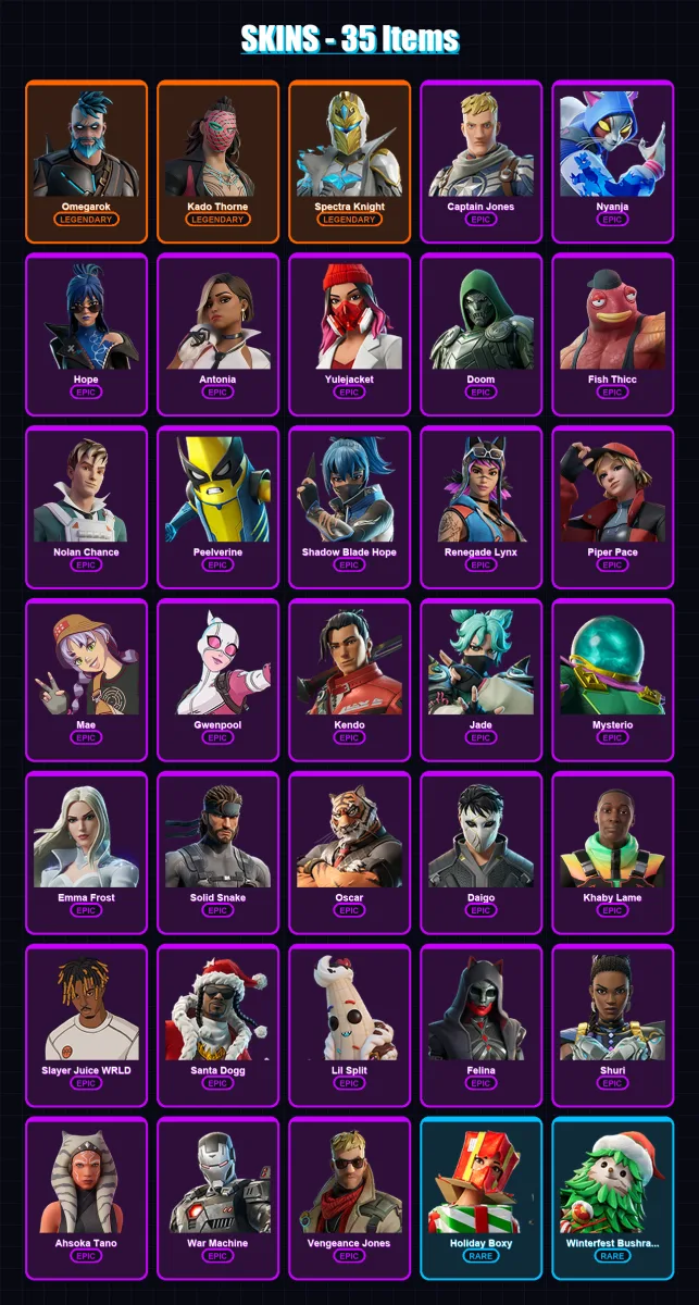 [PC/XBOX/PSN] | Omegarok | Kado Thorne | Spectra Knight | Captain Jones | Nyanja | 35 skin | 57 pickaxe | 33 emote | 35 glider | Lv448