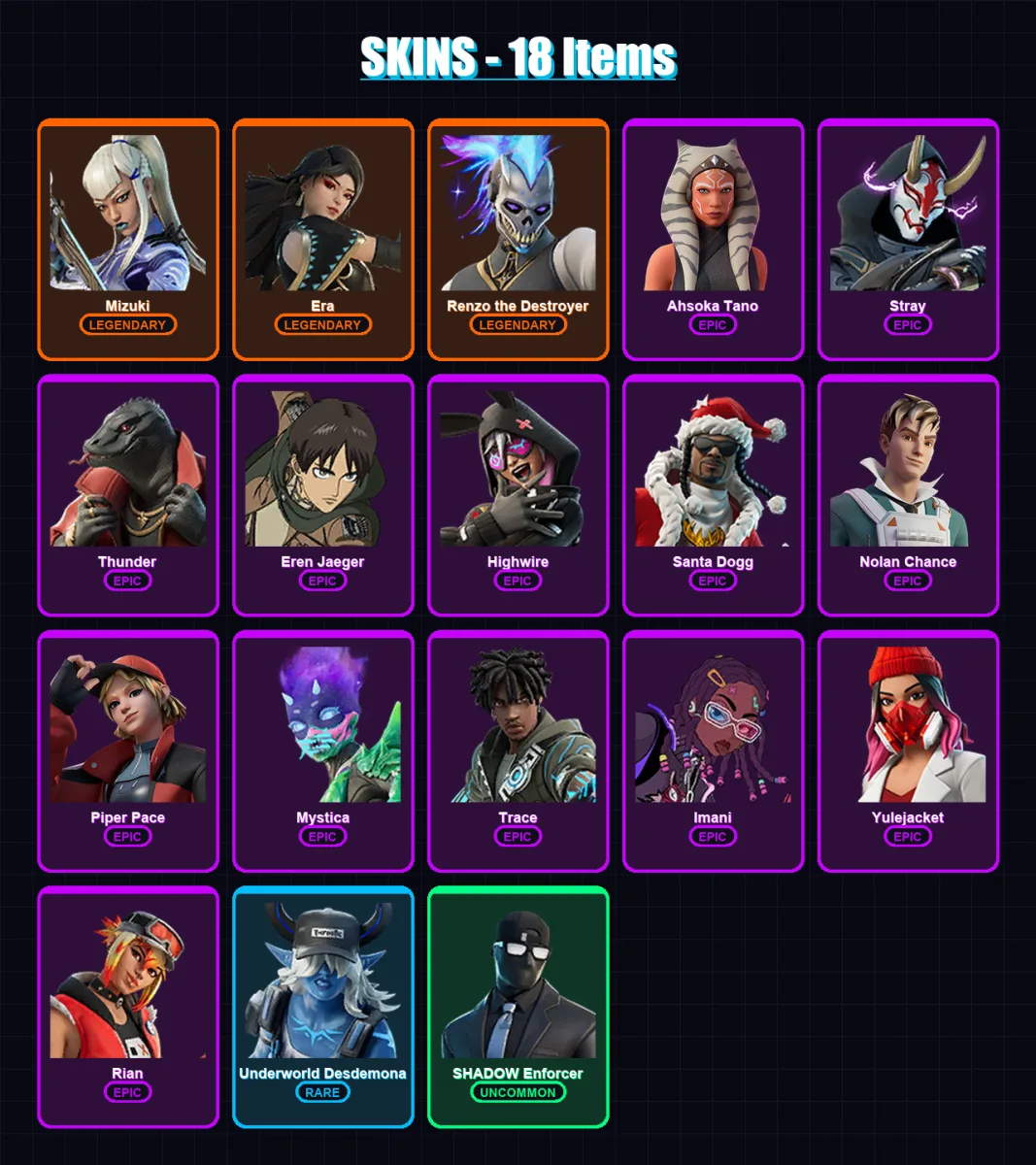 [PC] | Mizuki | Era | Renzo the Destroyer | Ahsoka Tano | Stray | 18 skin | 29 pickaxe | 24 emote | 24 glider | Lv296