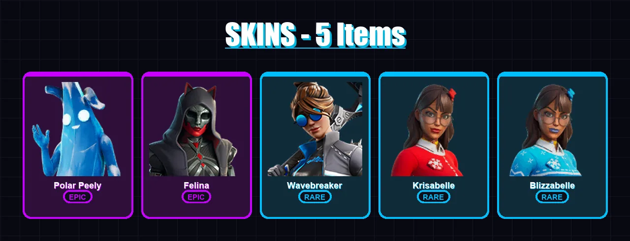 [PC/XBOX] | Polar Peely | Felina | Wavebreaker | Krisabelle | Blizzabelle | 5 skin | 16 pickaxe | 14 emote | 14 glider | Lv263