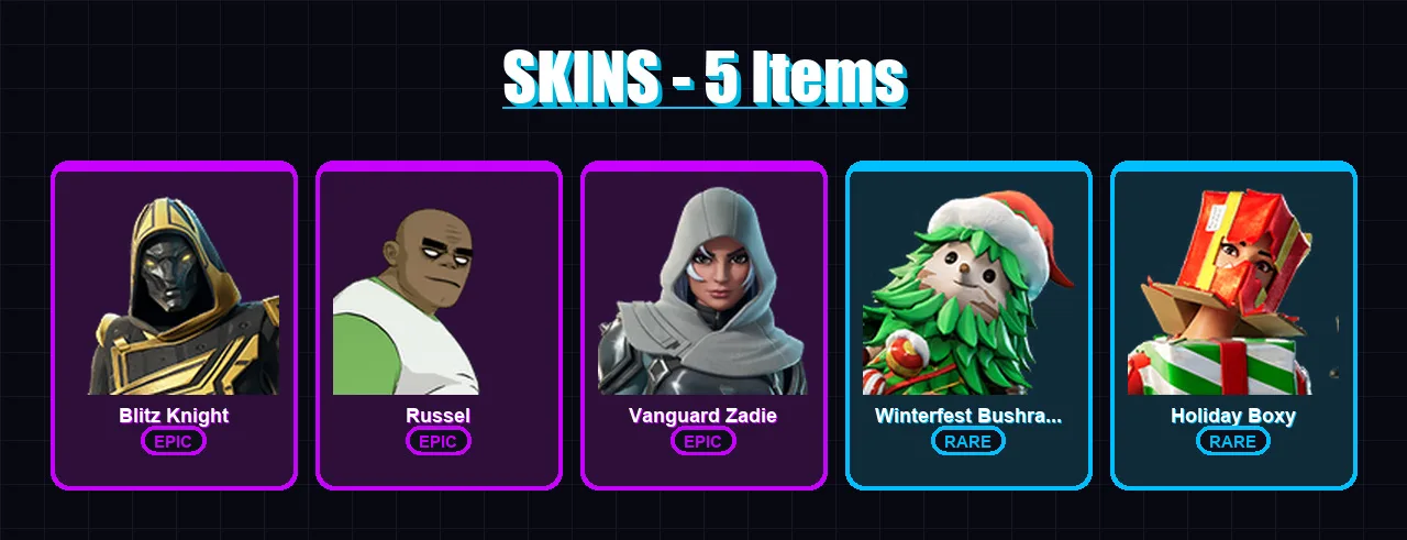 [PC/XBOX/PSN] | Blitz Knight | Russel | Vanguard Zadie | Winterfest Bushranger | Holiday Boxy | 5 skin | 38 pickaxe | 16 emote | 28 glider | Lv324