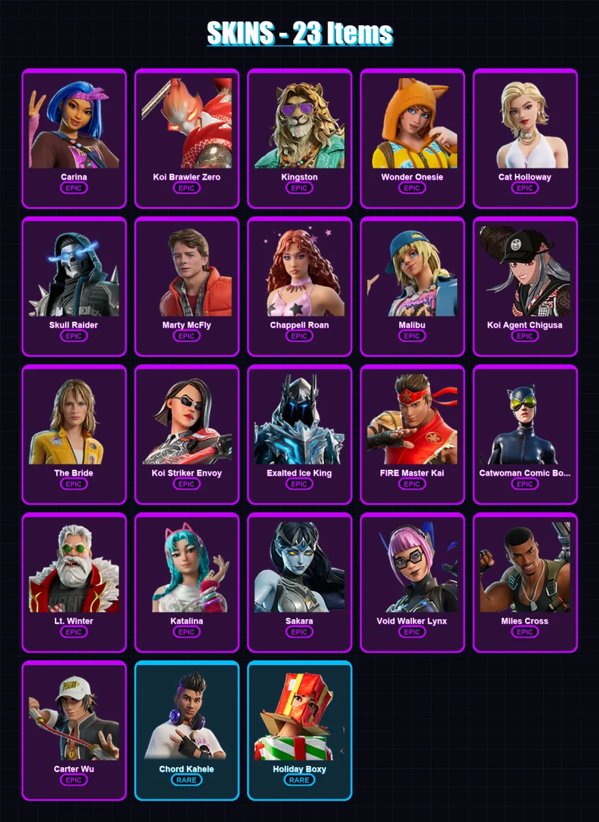 [PC/XBOX/PSN] | Carina | Koi Brawler Zero | Kingston | Wonder Onesie | Cat Holloway | 23 skin | 41 pickaxe | 26 emote | 28 glider | Lv234 — Fortnite account