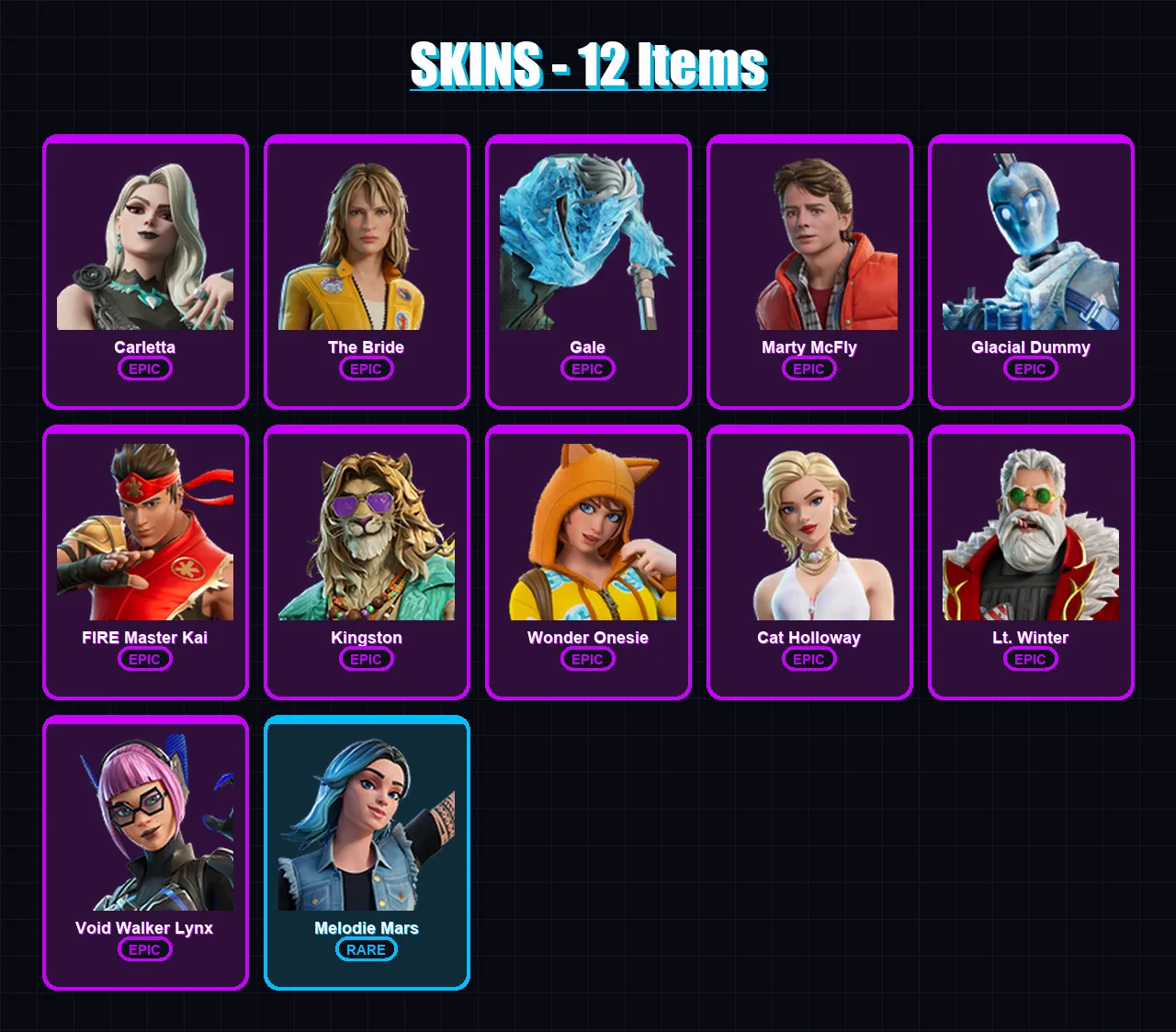 [PS4/PS5/XBOX/PC] | Carletta | The Bride | Gale | Marty McFly | Glacial Dummy | 12 skin | 16 pickaxe | 12 emote | 9 glider | Lv42